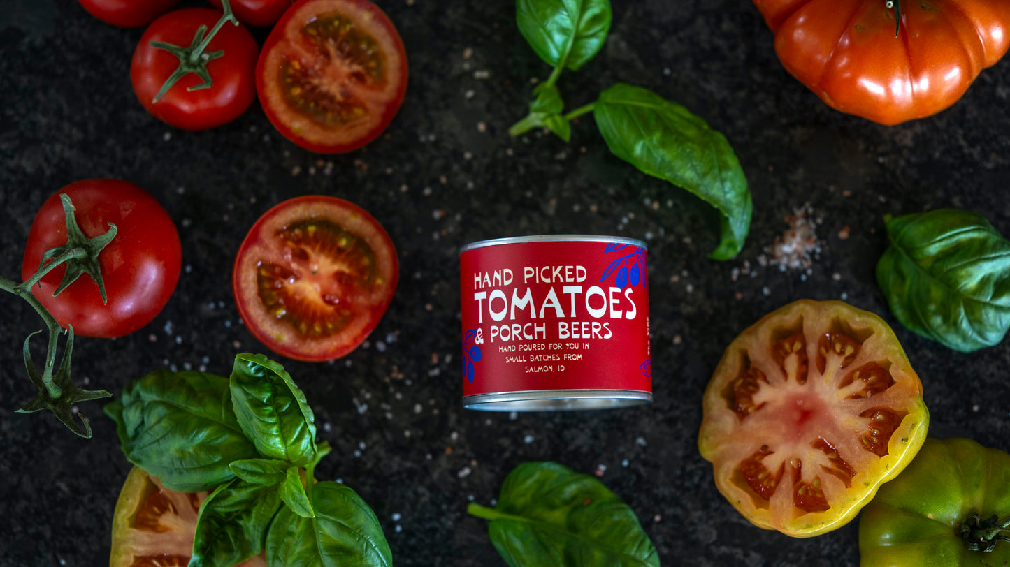 Fresh picked tomatoes & Porch beers camp tin